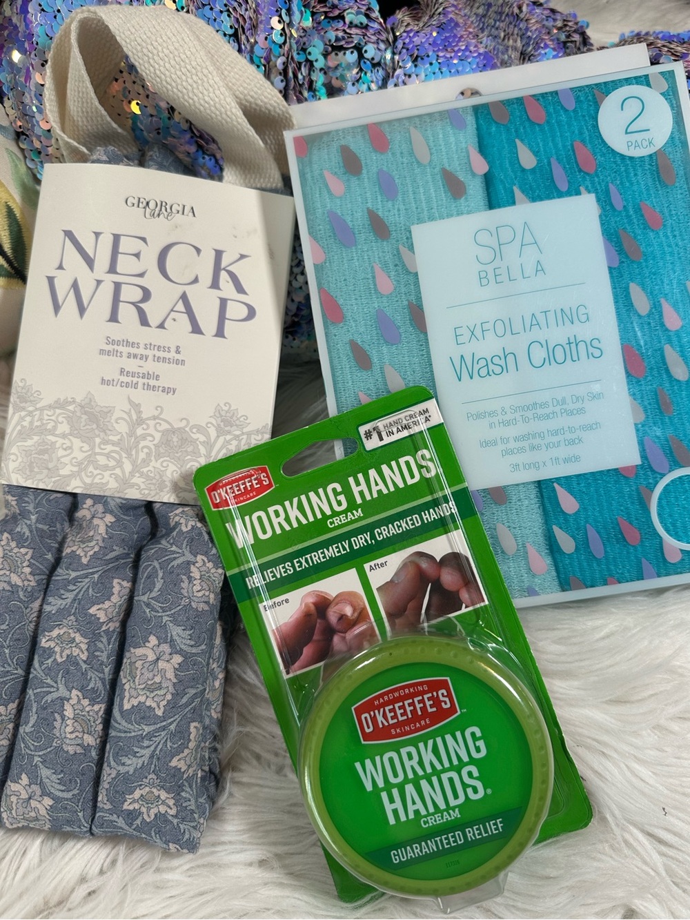 Spa Bundle • GeorgiaLane Cotton & Linen Neckwrap, Exfoliating Cloths, Hand Cream
